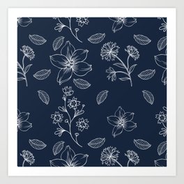 Minimalistic Flower Pattern Dark Blue Art Print