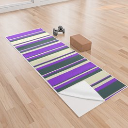[ Thumbnail: Dark Slate Gray, Light Yellow, and Purple Colored Lines/Stripes Pattern Yoga Towel ]