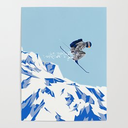 Airborn Skier Flying Down the Ski Slopes Poster