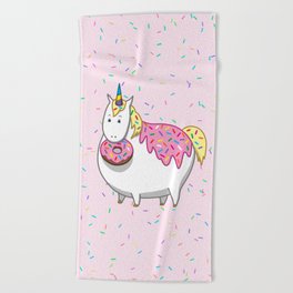 Cute Fat Unicorn Eating Pink Frosting Sprinkles Donut Beach Towel