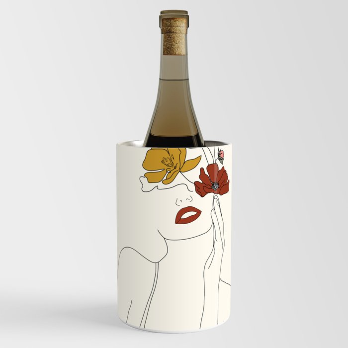 Colorful Thoughts Minimal Line Art Woman with Flowers Wine Chiller