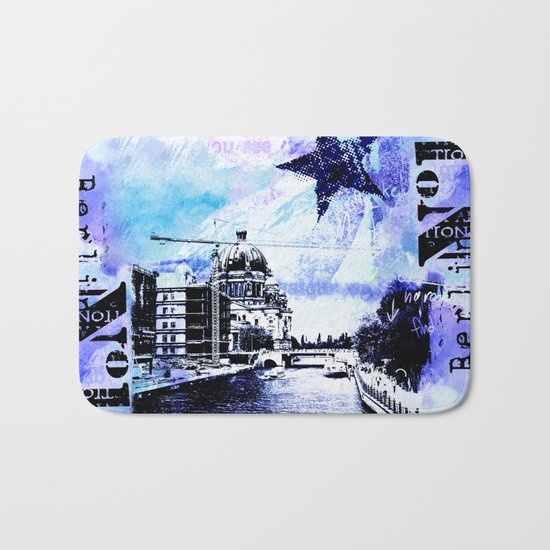 Berlin urban blue mixed media art Bath Mat