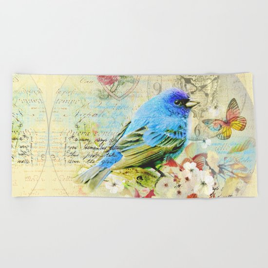 Vintage illustration with bird and butterfly Beach Towel