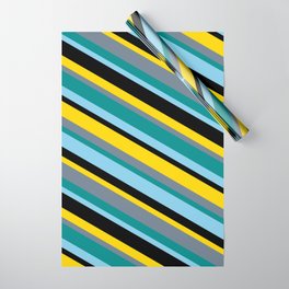 [ Thumbnail: Yellow, Slate Gray, Dark Cyan, Sky Blue & Black Colored Striped Pattern Wrapping Paper ]