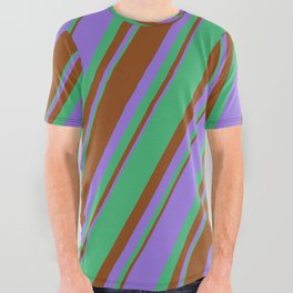 [ Thumbnail: Purple, Sea Green & Brown Colored Lined/Striped Pattern All Over Graphic Tee ]