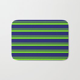 [ Thumbnail: Green & Midnight Blue Colored Stripes Pattern Bath Mat ]