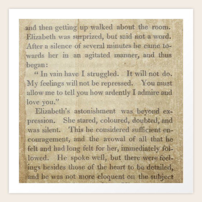 Pride and Prejudice Vintage Mr. Darcy Proposal by Jane Austen Art Print
