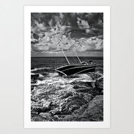 On the Rocks Art Print | Ship, Boat, Mediterranean, Wreck, Vessel, Beached, Schooner, Seascape, Outdoor, Seas 