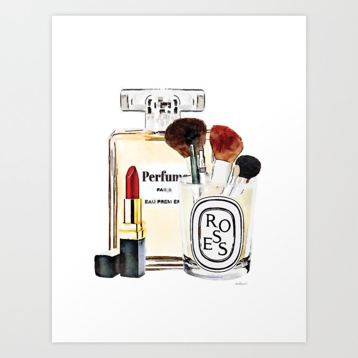 Watercolor Make up set, perfume bottle, red lipstick and brushes by Amanda Greenwood Art Print