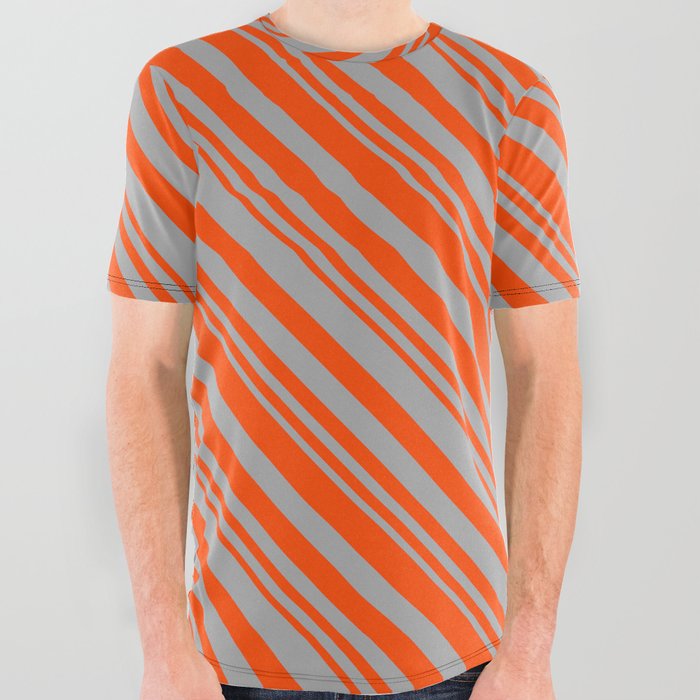 Red & Dark Grey Colored Striped/Lined Pattern All Over Graphic Tee