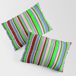 [ Thumbnail: Colorful Dark Grey, Blue, Pink, Maroon, and Lime Colored Lined/Striped Pattern Pillow Sham ]