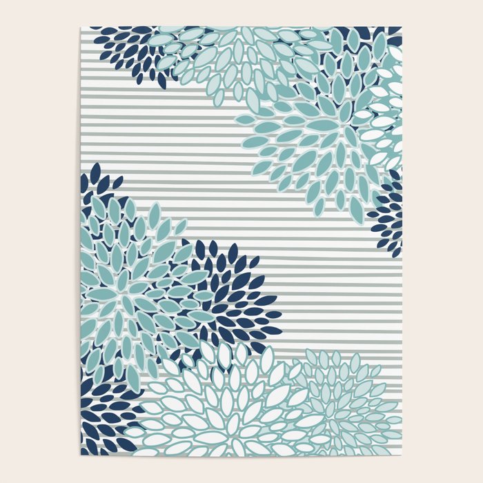 Festive, Floral Prints and Stripes, Teal and Blue Poster by Megan