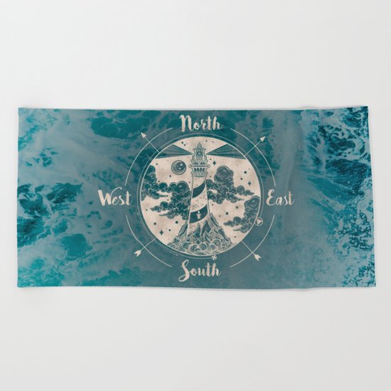 Lighthouse Compass Ocean Waves Gold Beach Towel