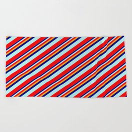 [ Thumbnail: Orange, Dark Blue, Turquoise, and Red Colored Stripes Pattern Beach Towel ]