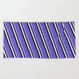 [ Thumbnail: White, Black & Slate Blue Colored Stripes Pattern Beach Towel ]