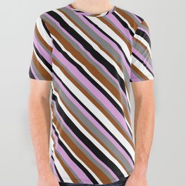 [ Thumbnail: Eyecatching Plum, Grey, Brown, White & Black Colored Striped/Lined Pattern All Over Graphic Tee ]