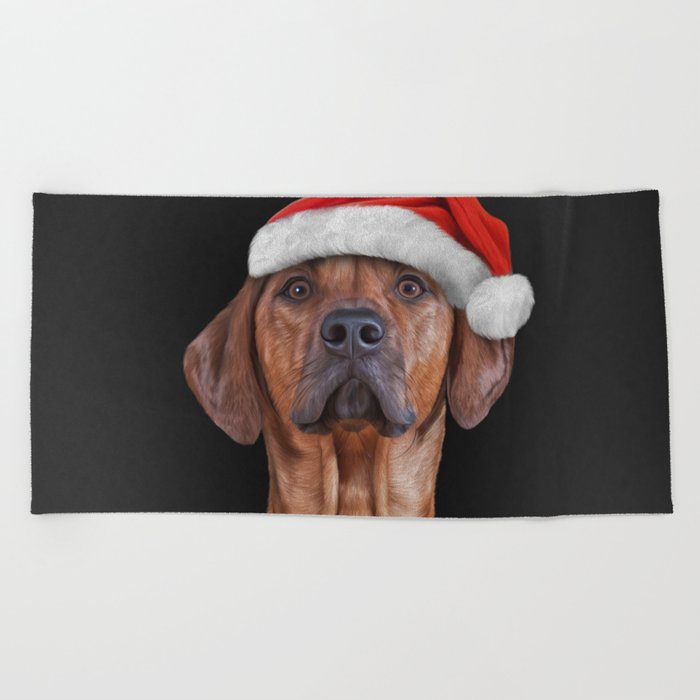 Drawing Vizsla Pointer in red hat of Santa Claus  Beach Towel