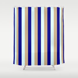 [ Thumbnail: Tan, Dark Blue & Light Cyan Colored Lines Pattern Shower Curtain ]