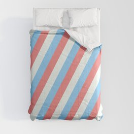 [ Thumbnail: Light Sky Blue, Light Coral, and Mint Cream Colored Lined Pattern Comforter ]