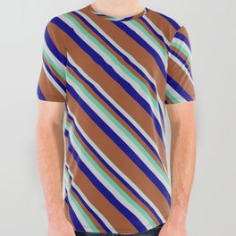 [ Thumbnail: Aquamarine, Light Gray, Blue, and Sienna Colored Striped/Lined Pattern All Over Graphic Tee ]
