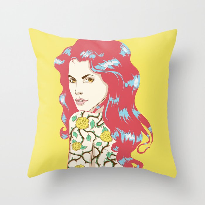Red hair girl with rose and thorns tattoo Throw Pillow
