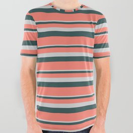 [ Thumbnail: Light Grey, Dark Slate Gray & Salmon Colored Stripes/Lines Pattern All Over Graphic Tee ]