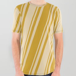 [ Thumbnail: Goldenrod and Tan Colored Striped/Lined Pattern All Over Graphic Tee ]