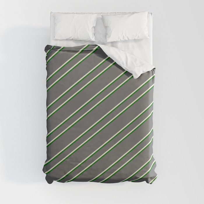 Dim Gray, Beige & Dark Green Colored Pattern of Stripes Duvet Cover