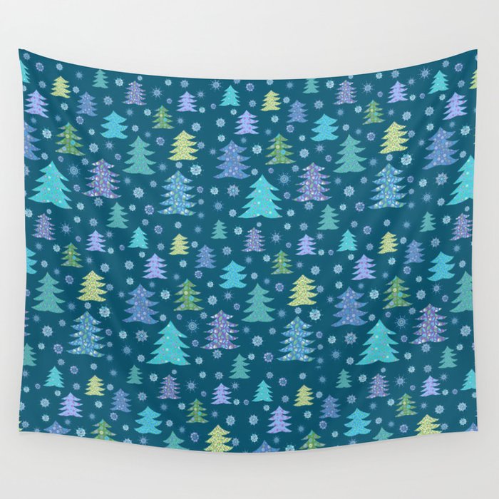 Winter Holidays Christmas Tree Green Forest Pattern Wall Tapestry