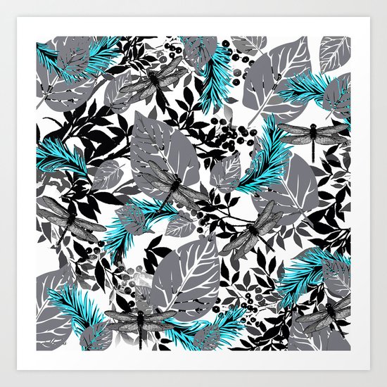 PALM LEAF DRAGONFLY BLUE FERN TOILE Art Print