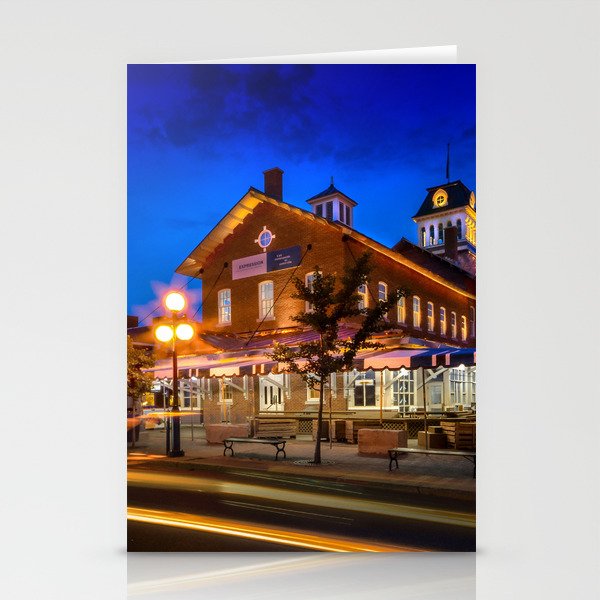 Night view of the '1555 Marché Centre' food market place in the city of Saint-Hyacinthe in summer under an overcast sky. Stationery Cards