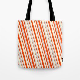 [ Thumbnail: Light Grey, Red, and Beige Colored Striped Pattern Tote Bag ]