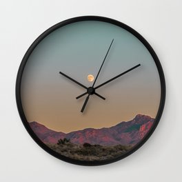 Sunset Moon Ridge // Grainy Red Mountain Range Desert Landscape Photography Yellow Fullmoon Blue Sky Wall Clock