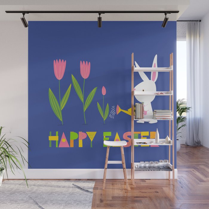 Happy Easter - White Bunny and Pink Tulips on Dark Blue Wall Mural