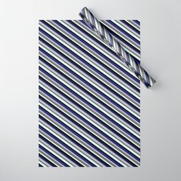 [ Thumbnail: Grey, Dim Grey, Light Cyan, Black & Midnight Blue Colored Stripes Pattern Wrapping Paper ]