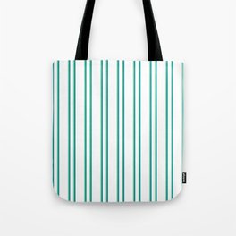 [ Thumbnail: White, Aquamarine, and Dark Cyan Colored Lined Pattern Tote Bag ]