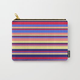 [ Thumbnail: Eye-catching Crimson, Royal Blue, Light Coral, Tan, and Midnight Blue Colored Striped/Lined Pattern Carry-All Pouch ]
