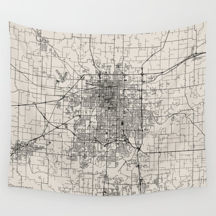 Springfield, Missouri - USA - Black and White Minimal City Map Wall Tapestry