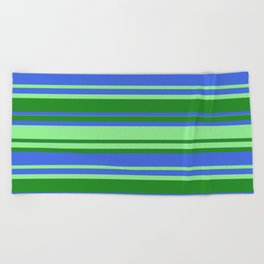 [ Thumbnail: Forest Green, Royal Blue & Light Green Colored Striped Pattern Beach Towel ]