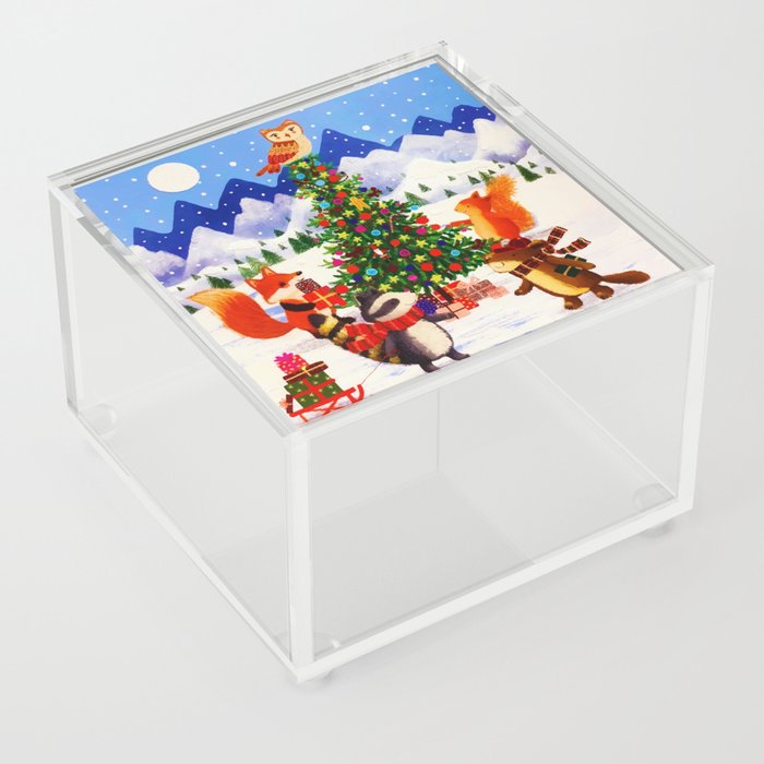 Festive Christmas Mountain Woodland Animal Family Acrylic Box