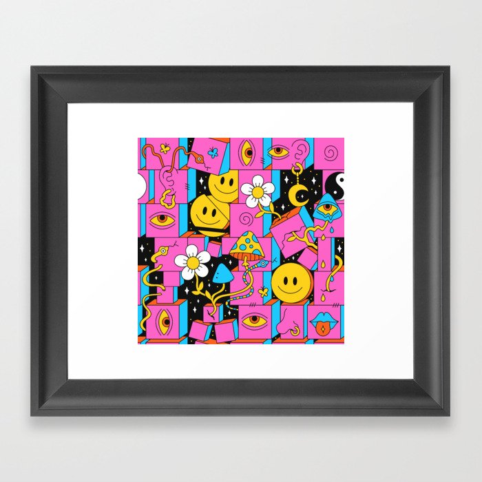 Pink Trippy Eye Blocks With White Flowers, Smileys and Mushrooms Framed Art Print