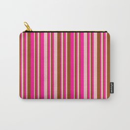 [ Thumbnail: Deep Pink, Brown & Pink Colored Striped Pattern Carry-All Pouch ]