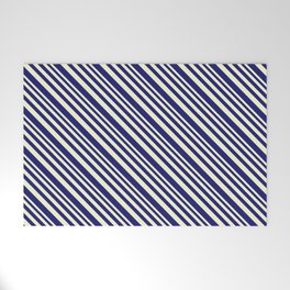[ Thumbnail: Light Yellow & Midnight Blue Colored Lined/Striped Pattern Welcome Mat ]