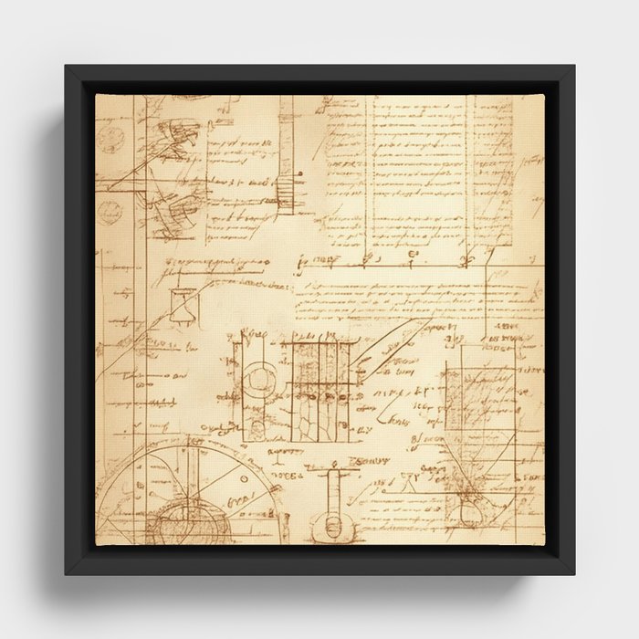 Ancient decorative mathematical and geometrical calculations a technical drawing in Leonardo da Vinci style Framed Canvas
