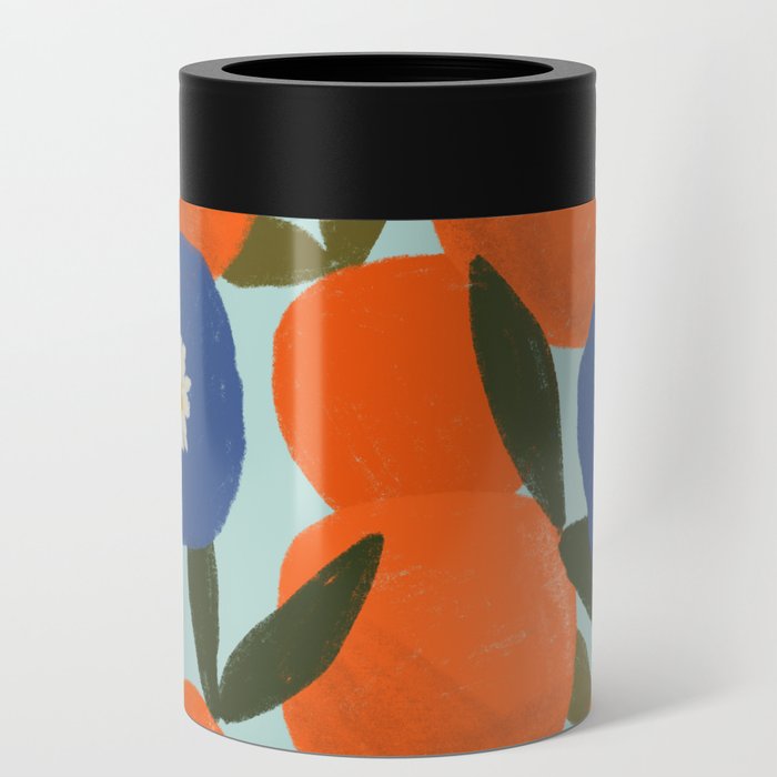 Clementine Orange Blue Flowers Pattern Leaves Can Cooler