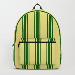 [ Thumbnail: Tan and Dark Green Colored Lined/Striped Pattern Backpack ]