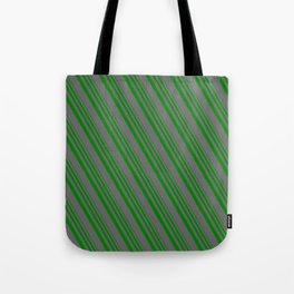 [ Thumbnail: Green & Dim Grey Colored Stripes/Lines Pattern Tote Bag ]