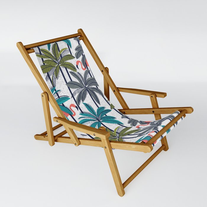 Retro vacation mode // white background highball green peacock blue and green grey palm trees oxford navy blue lines coral flamingos Sling Chair