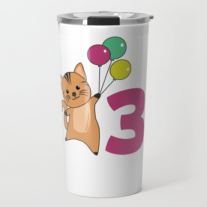 Cat Third Birthday Balloons For Kids Travel Mug