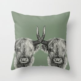 Scottish Highland Cows, pen and ink illustration, grassy green Throw Pillow